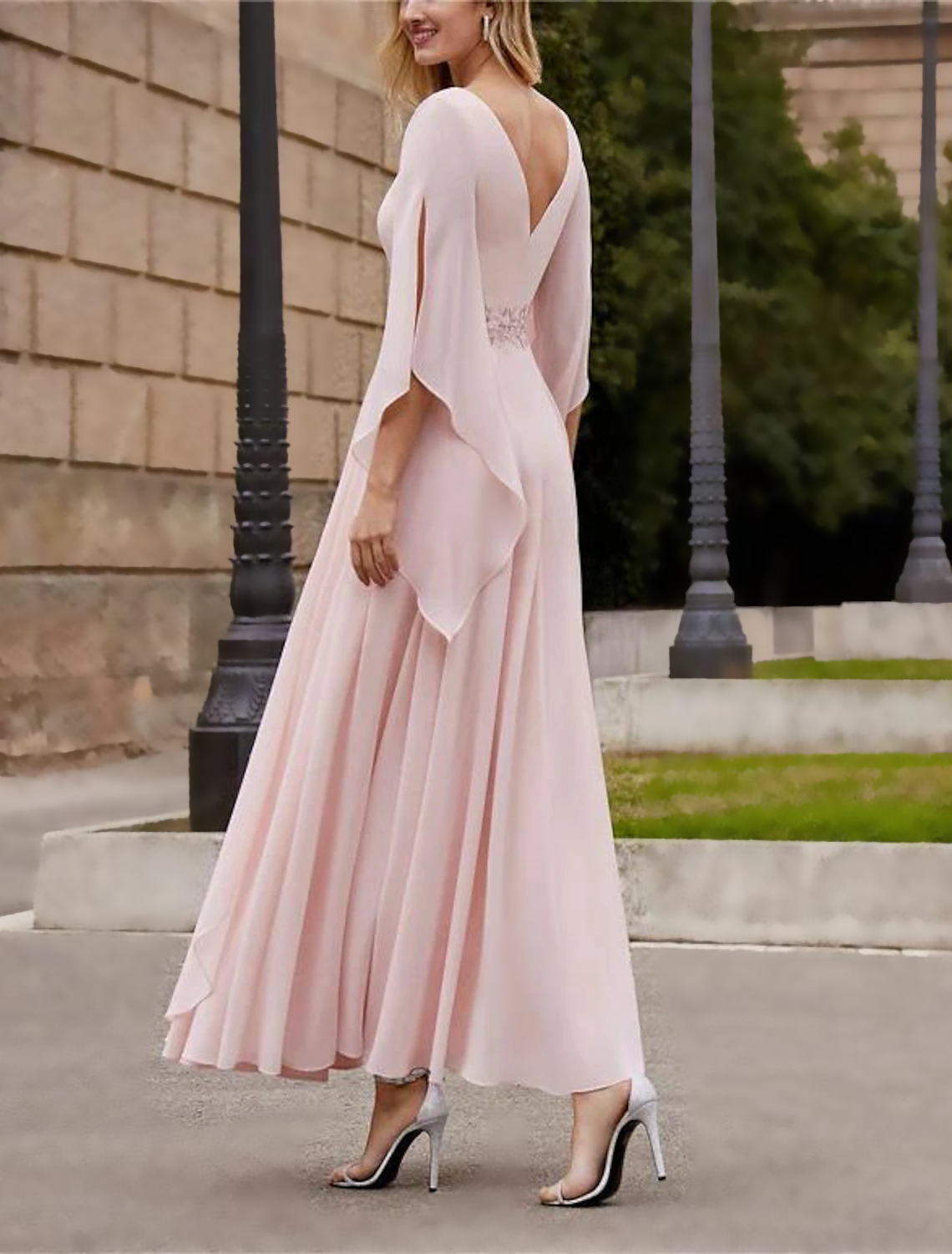 Vestido de madre de la novia de corte A, formal, para invitada de boda, elegante, cuello barco, largo hasta los tobillos, de gasa, manga 3/4 con cuentas y lentejuelas, talla personalizada gratuita